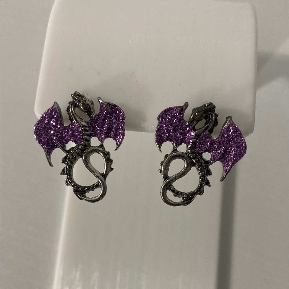 Fantasy dragon earrings purple with sparkles